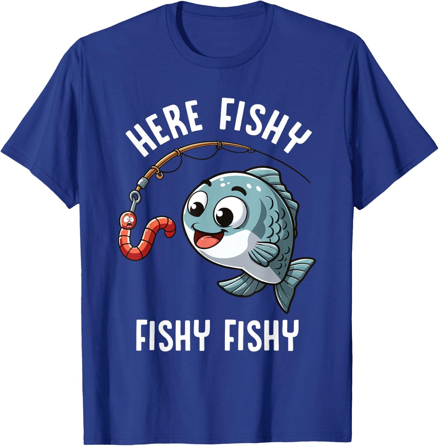 Here Fishy Fishing Funny Worm Cute Fish Fisherman Boys Girls T-Shirt - T-Shirt | Royal