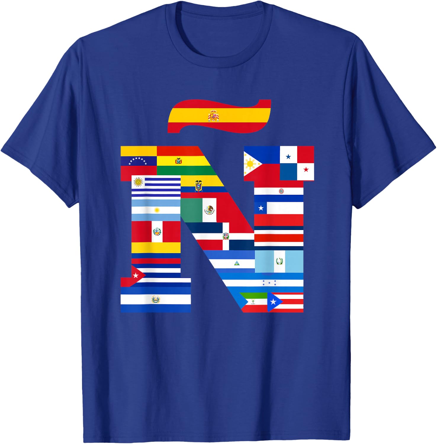 Ñ Viva la Hispanidad, Hispanic Heritage, Vibrant 'Ñ' Flag T-Shirt - T-Shirt | Royal