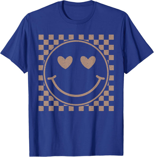 Retro Happy Face Checkered Pattern Smile Face Trendy T-Shirt - T-Shirt | Royal