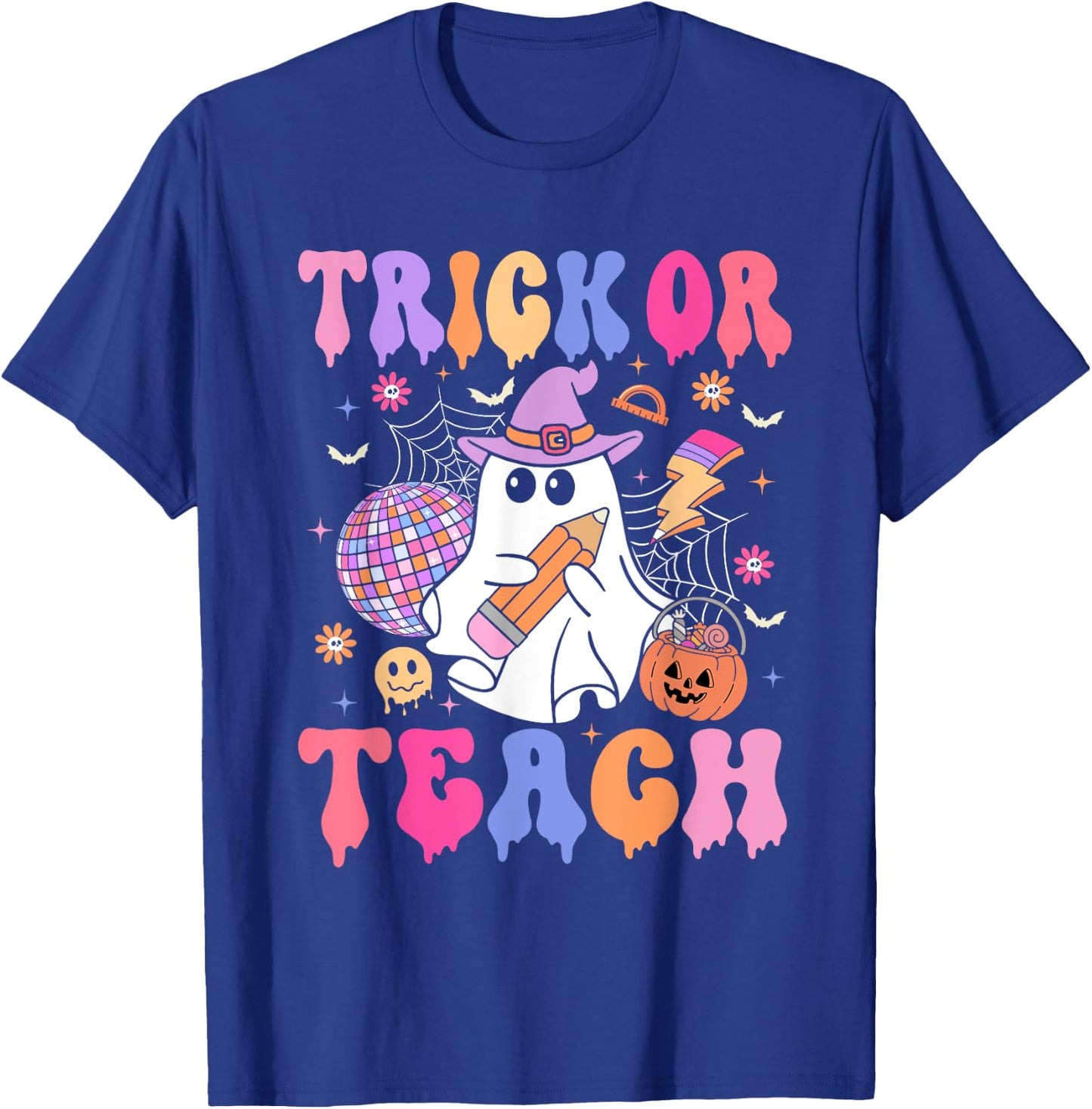 Trick Or Teach Groovy Halloween Floral Ghost Teacher T-Shirt - T-Shirt | Royal