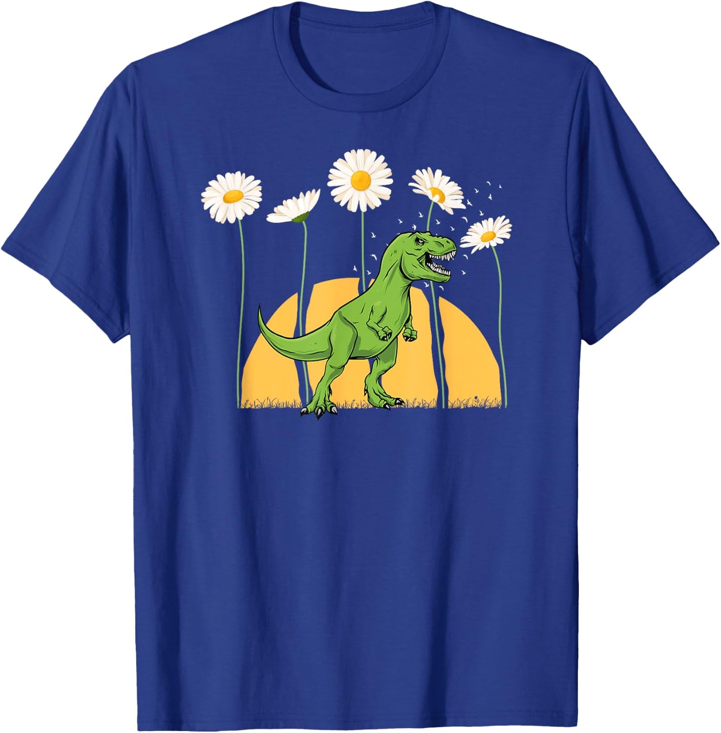 Dinosaur Spring Sunset Towering Daisy Flowers Dino T rex T-Shirt - T-Shirt | Royal