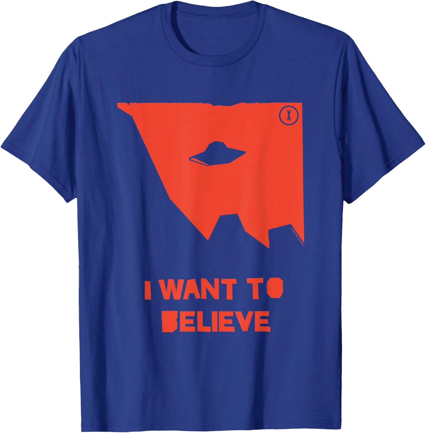 X-Files I Want To Believe UFO Silhouette Big Chest Text Logo T-Shirt - T-Shirt | Royal