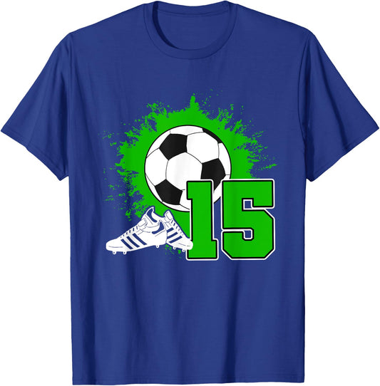 Kids Soccer Birthday Party 15 Year Old Boy 15th Birthday T-Shirt - T-Shirt | Royal