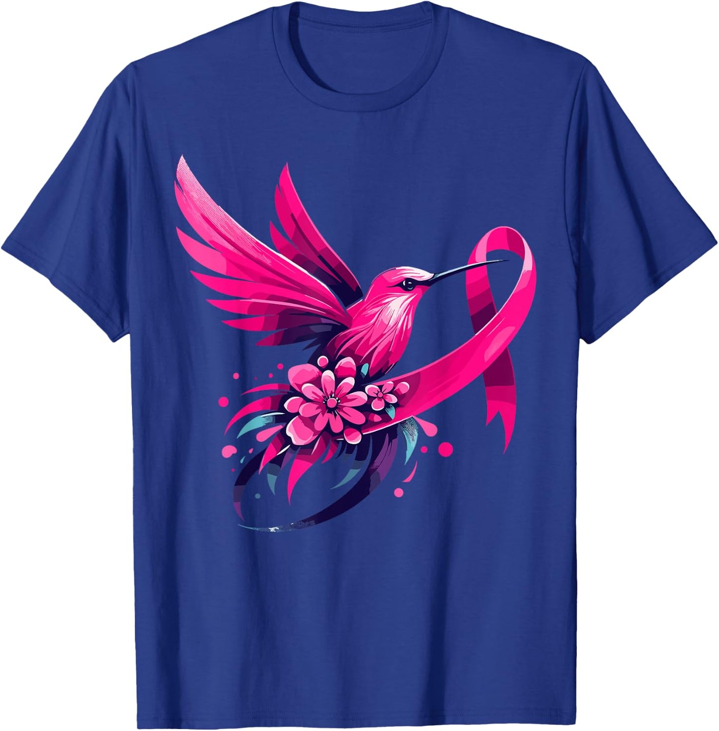 Hummingbird Flower Pink Ribbon Breast Cancer Awareness T-Shirt - T-Shirt | Royal