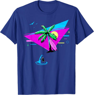 Fun Retro Tropical Vaporwave Palm Trees Shark and Surfboard T-Shirt - T-Shirt | Royal