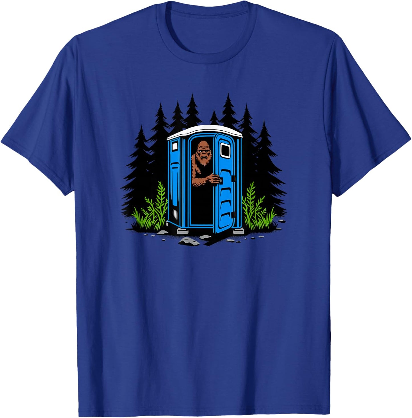 Bigfoot Peeking Out of A Porta Potty in The Woods T-Shirt - T-Shirt | Royal
