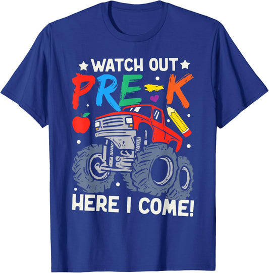 Watch Out Pre-K Here I Come Monster Truck Back To School T-Shirt - T-Shirt | Royal