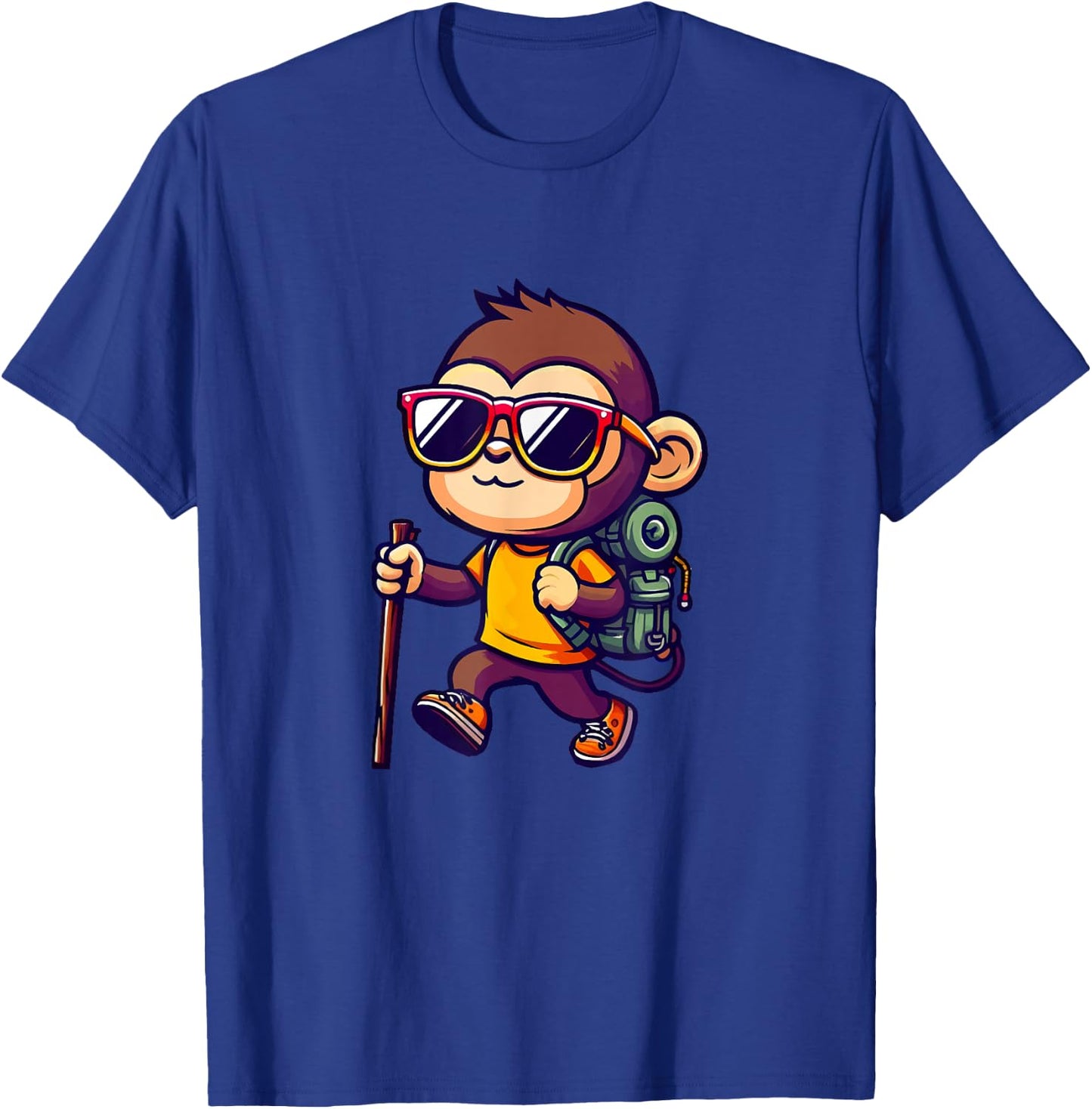 Hiking Monkey With Backpack And Walking Stick T-Shirt - T-Shirt | Royal
