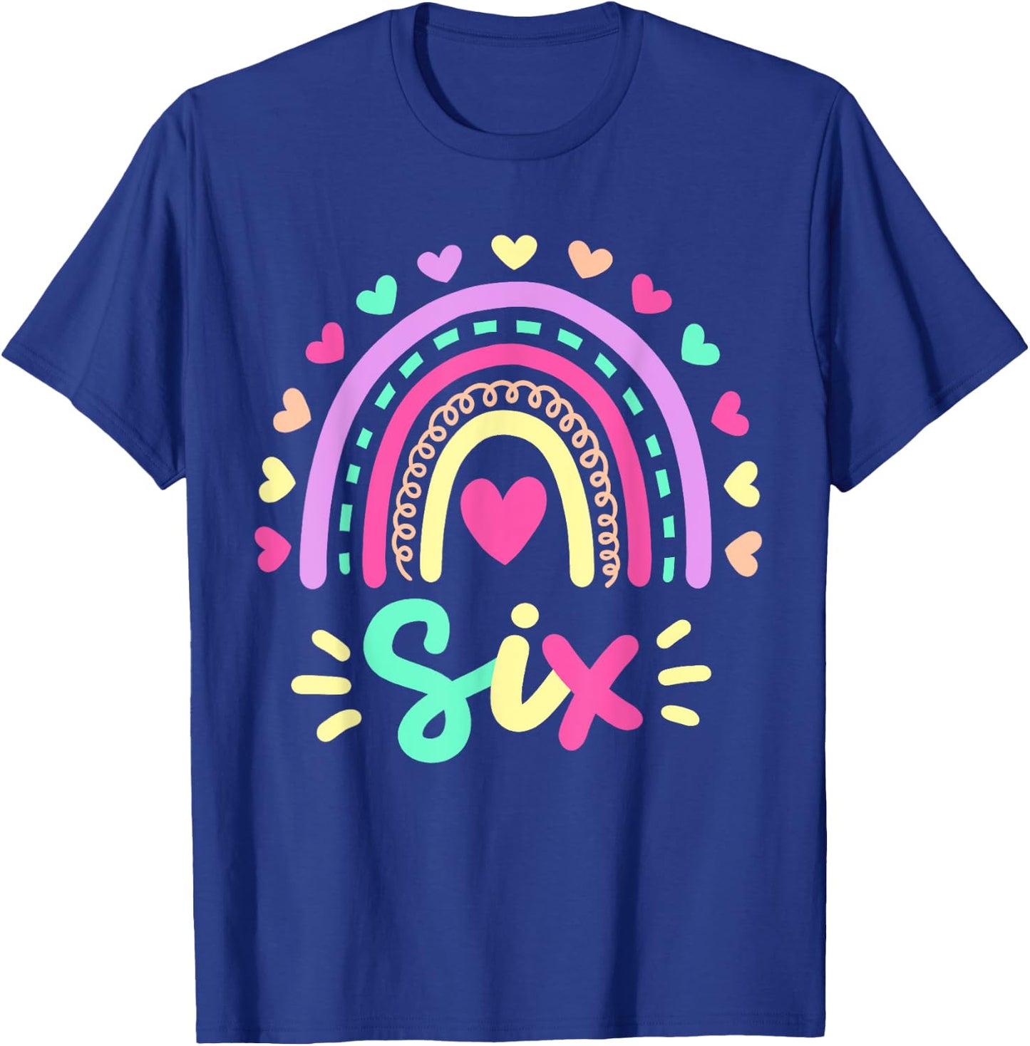 Six 6th Birthday Retro Rainbow Boho 6 Years Old Girls Kids T-Shirt - T-Shirt | Royal