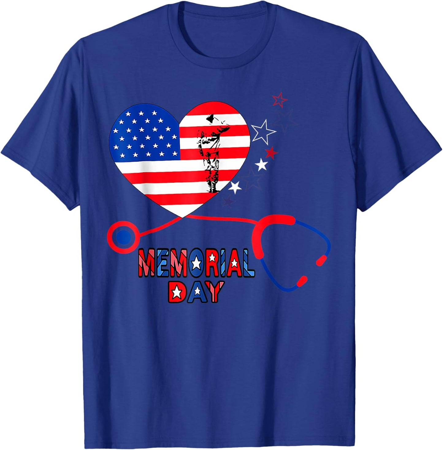 Nurse Stethoscope Heart Patriotic Memorial day Flag America T-Shirt - T-Shirt | Royal