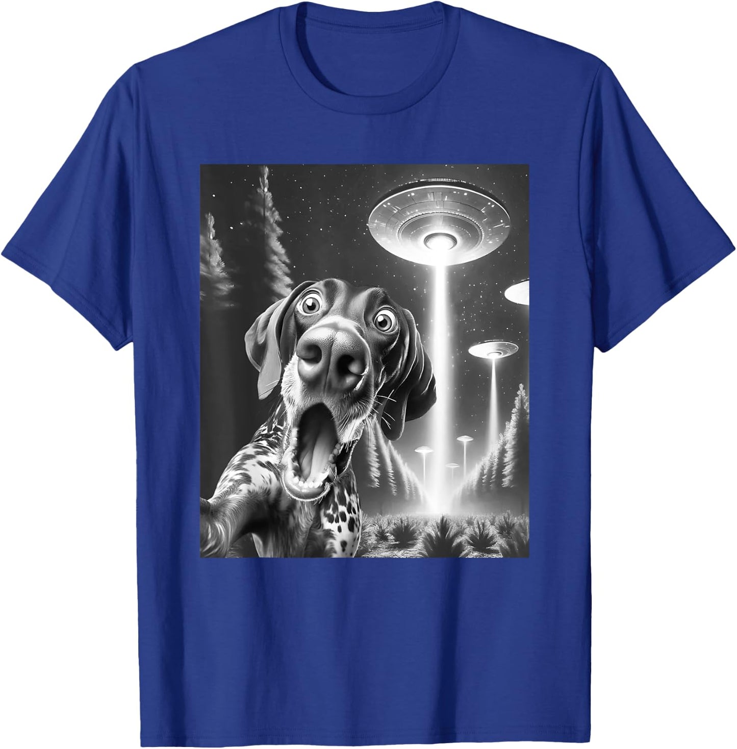 Funny German Shorthaired Pointer Alien UFO Taking a Selfie T-Shirt - T-Shirt | Royal