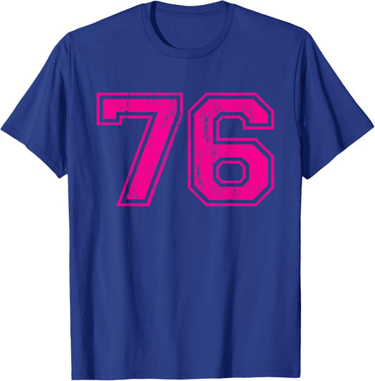 Number 76 Varsity Distressed Vintage Sport Team Player's T-Shirt - T-Shirt | Royal