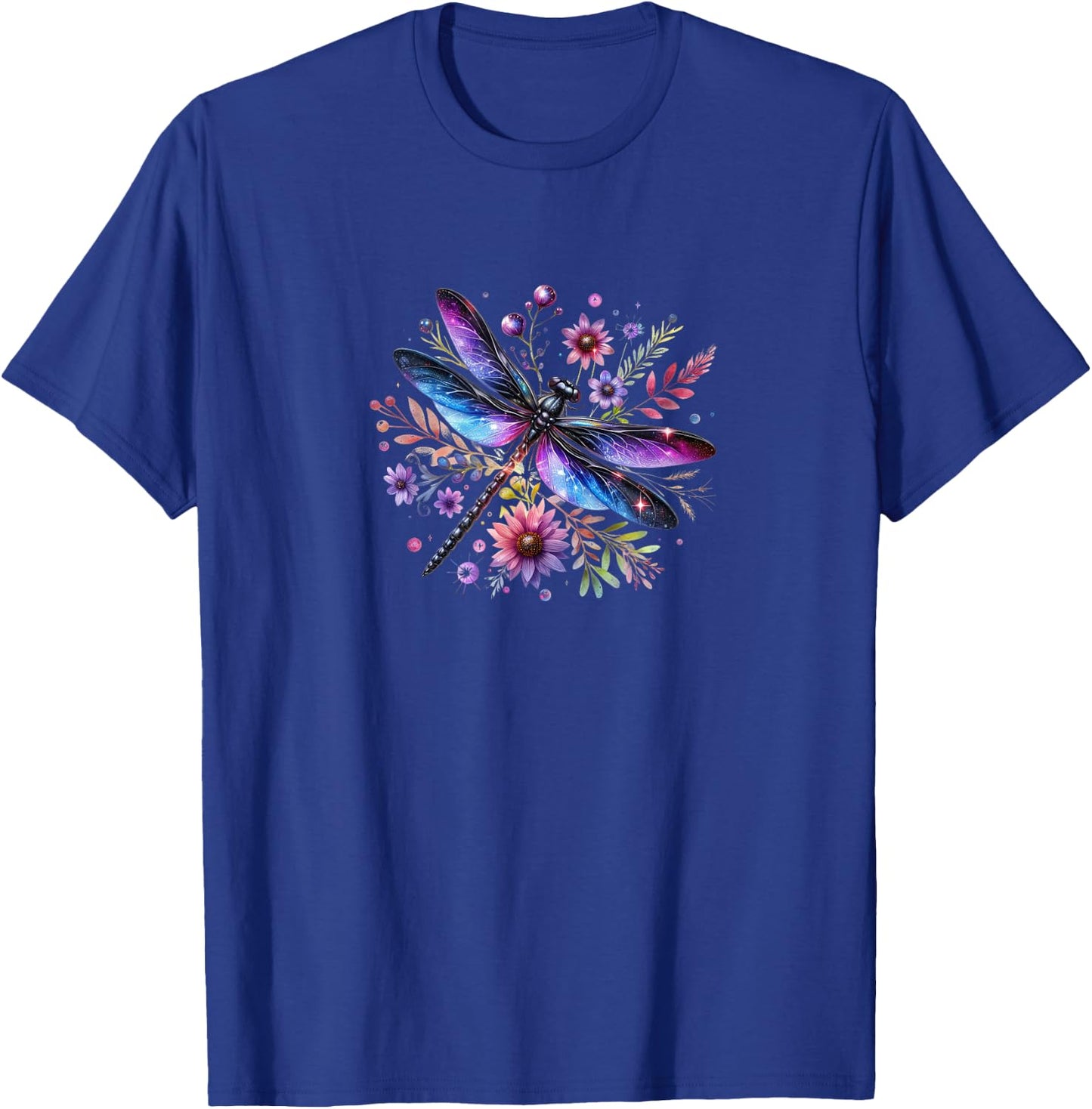 Beautiful Watercolor Black and Purple Dragonfly On Flowers T-Shirt - T-Shirt | Royal