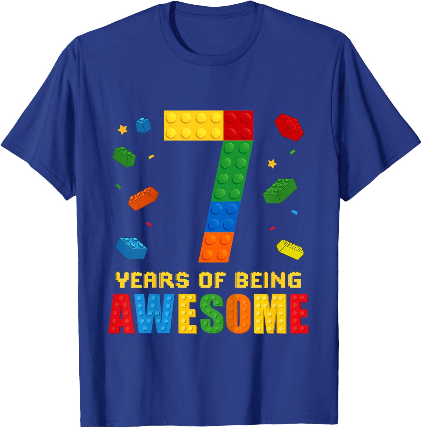 Kids 7 Year Old Birthday Boy Being Awesome Building Bricks 7th T-Shirt - T-Shirt | Royal