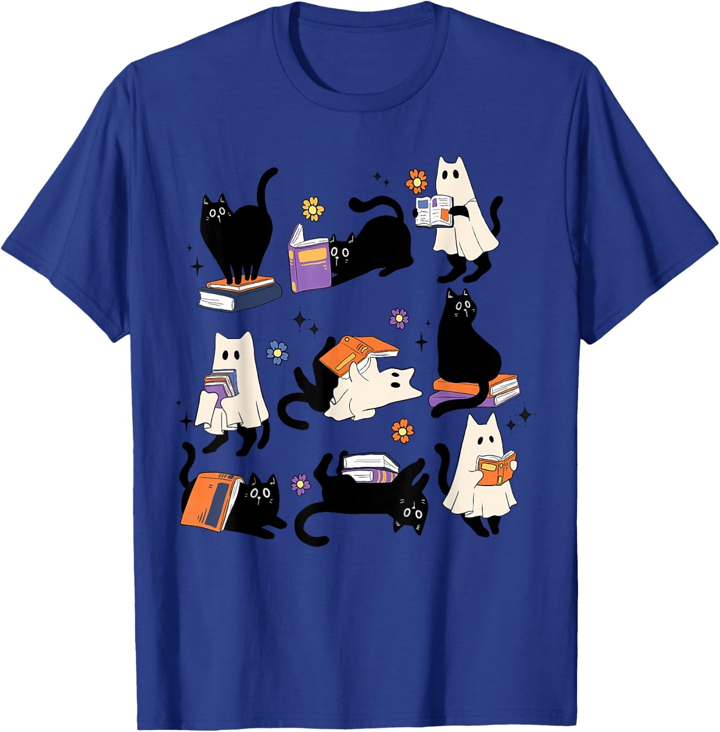 Cute Ghost Cat Reading Books Lover Bookish Halloween Spooky T-Shirt - T-Shirt | Royal