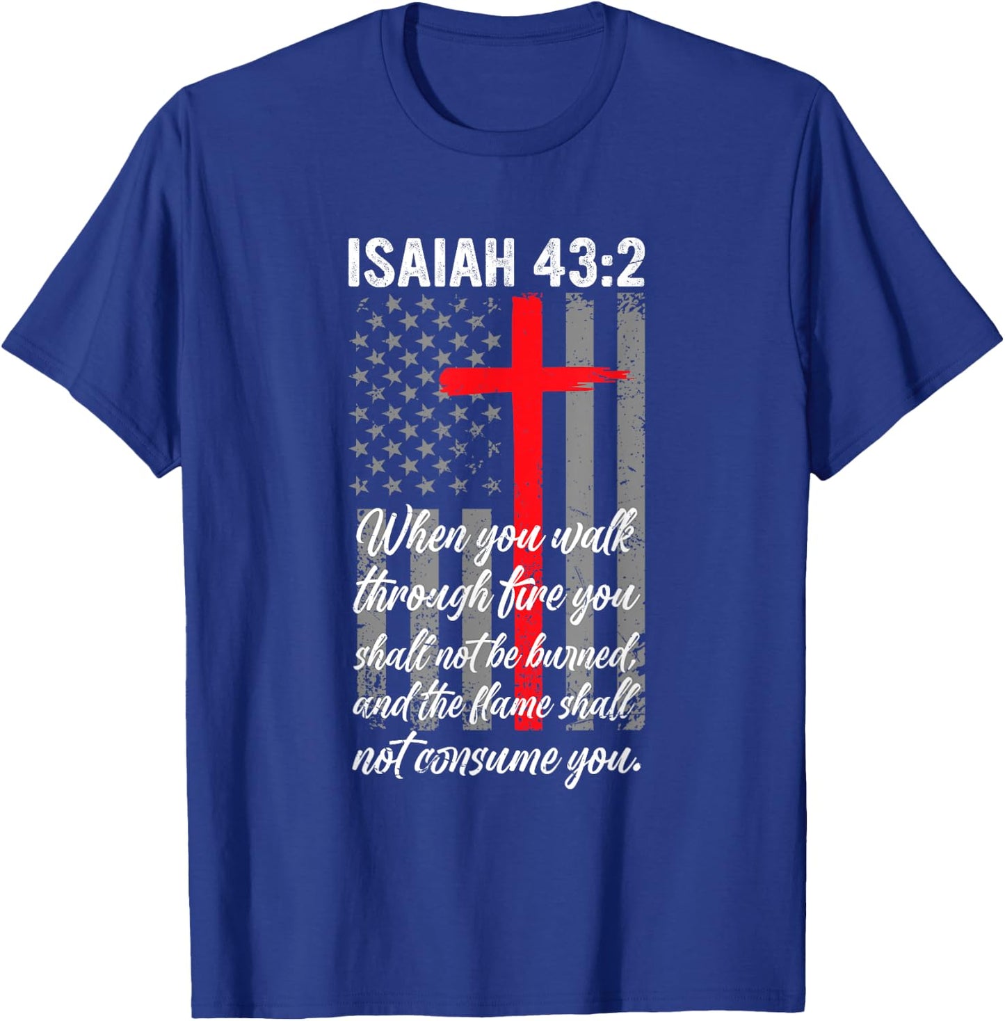 Thin Red Line Firefighter Cross Bible Verse American Flag T-Shirt - T-Shirt | Royal
