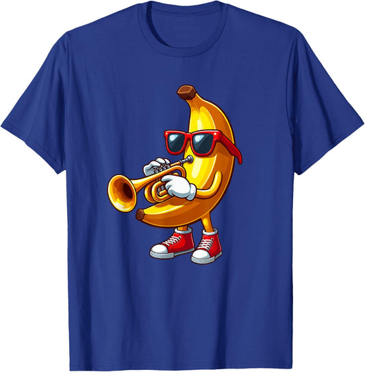 Banana Sunglasses Playing Trumpet Funny Fruit Instrument T-Shirt - T-Shirt | Royal