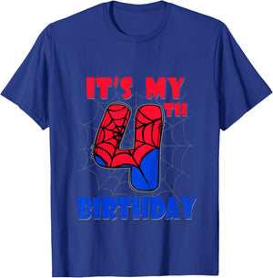Kids It's My 4th Birthday Spider Theme Party 4 Year Old Boys Kids T-Shirt - T-Shirt | Royal