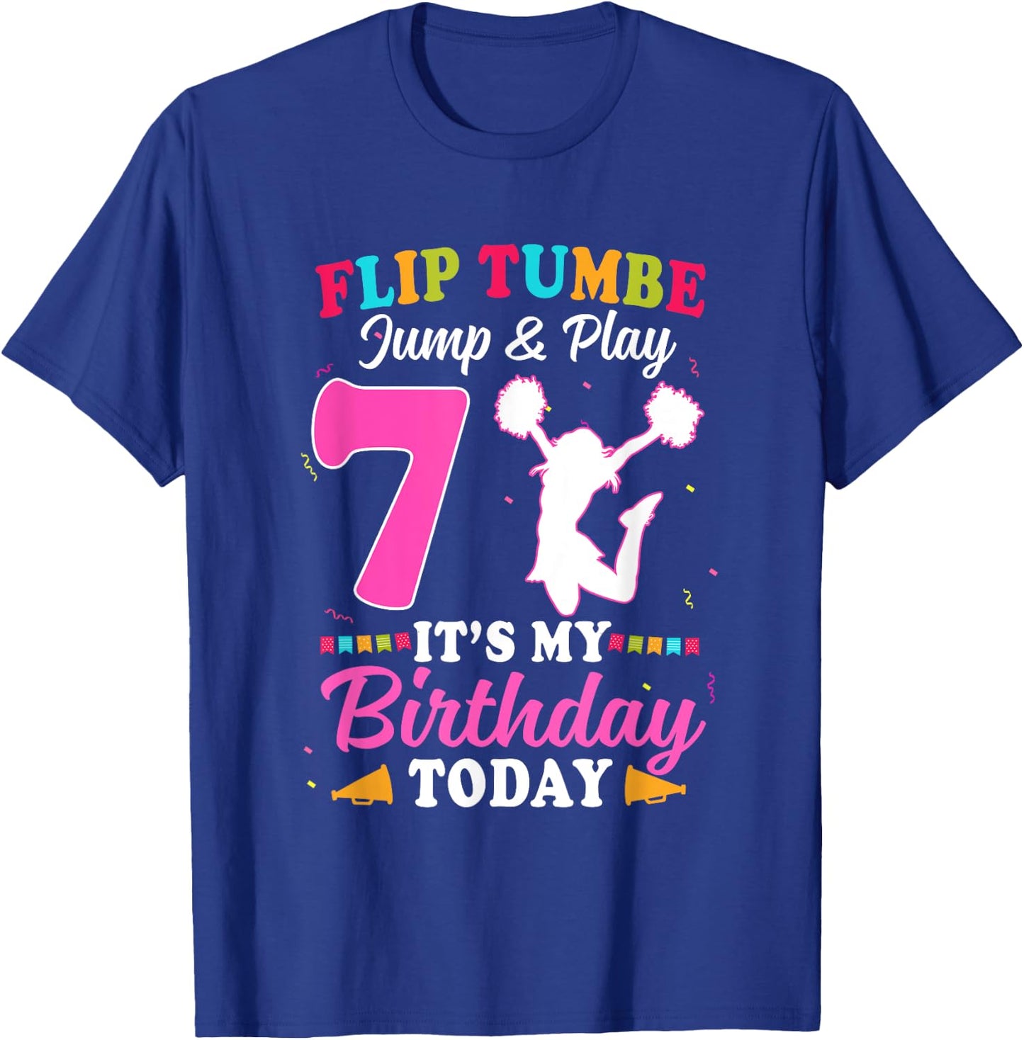 7th Birthday Cheerleading Girl 7 Year Old Cheerleader T-Shirt - T-Shirt | Royal