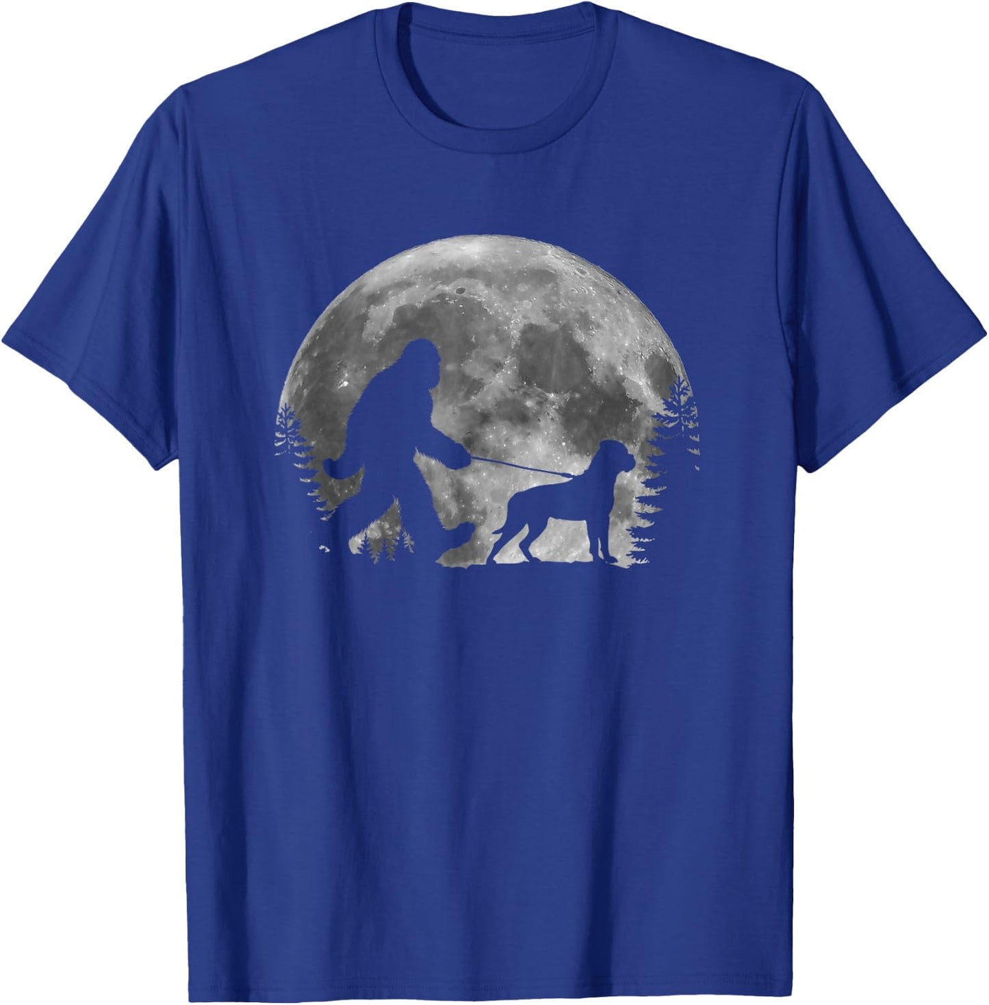 Bigfoot Walking a Dog Funny Bull Mastiff Moon Halloween Men Women Kids T-Shirt - T-Shirt | Royal