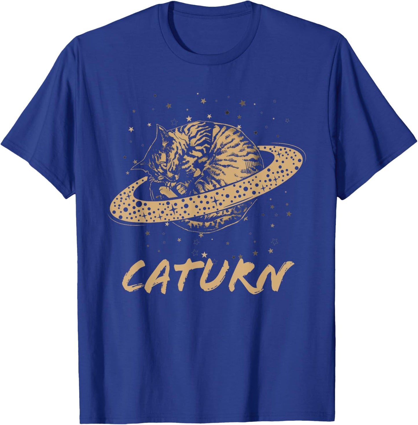 Cat Staring at Planet Saturn Retro Science Caturn Astrology T-Shirt - T-Shirt | Royal