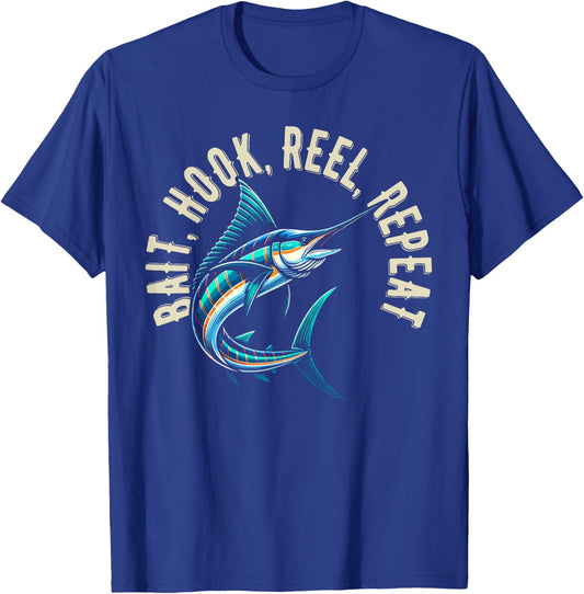Bait Hook Reel Repeat Big Fish Jumping Fishing Design T-Shirt - T-Shirt | Royal