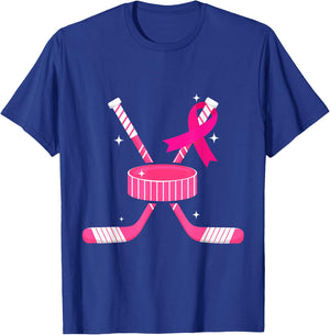 Ice Hockey Pink Ribbon Breast Cancer Awareness Survivors T-Shirt - T-Shirt | Royal