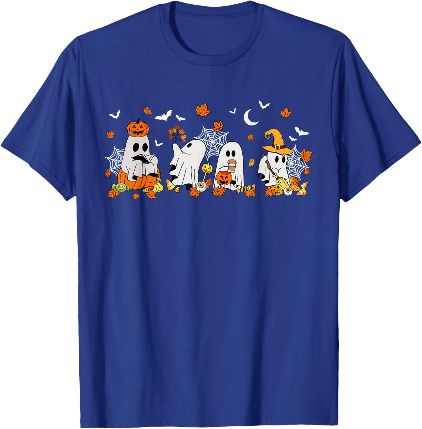 Cute Ghost Drinking Coffee Halloween Fall Ghost Book Reading T-Shirt - T-Shirt | Royal