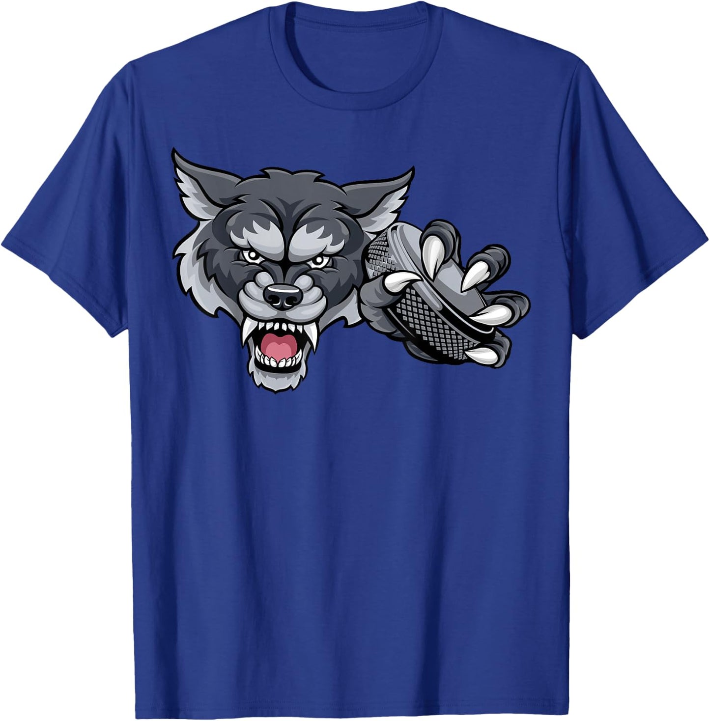 Wolf Cartoon Sports Wolves Team Mascot Holding Hockey Puck T-Shirt - T-Shirt | Royal