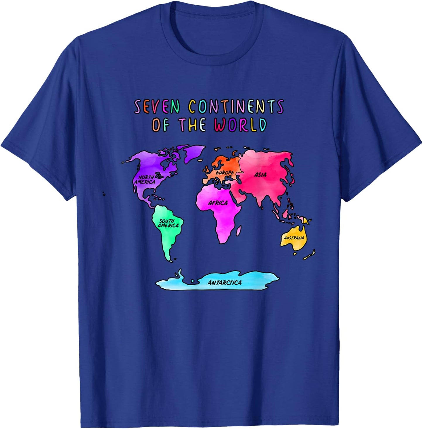 Simplified, watercolor world map, names of the continents T-Shirt - T-Shirt | Royal