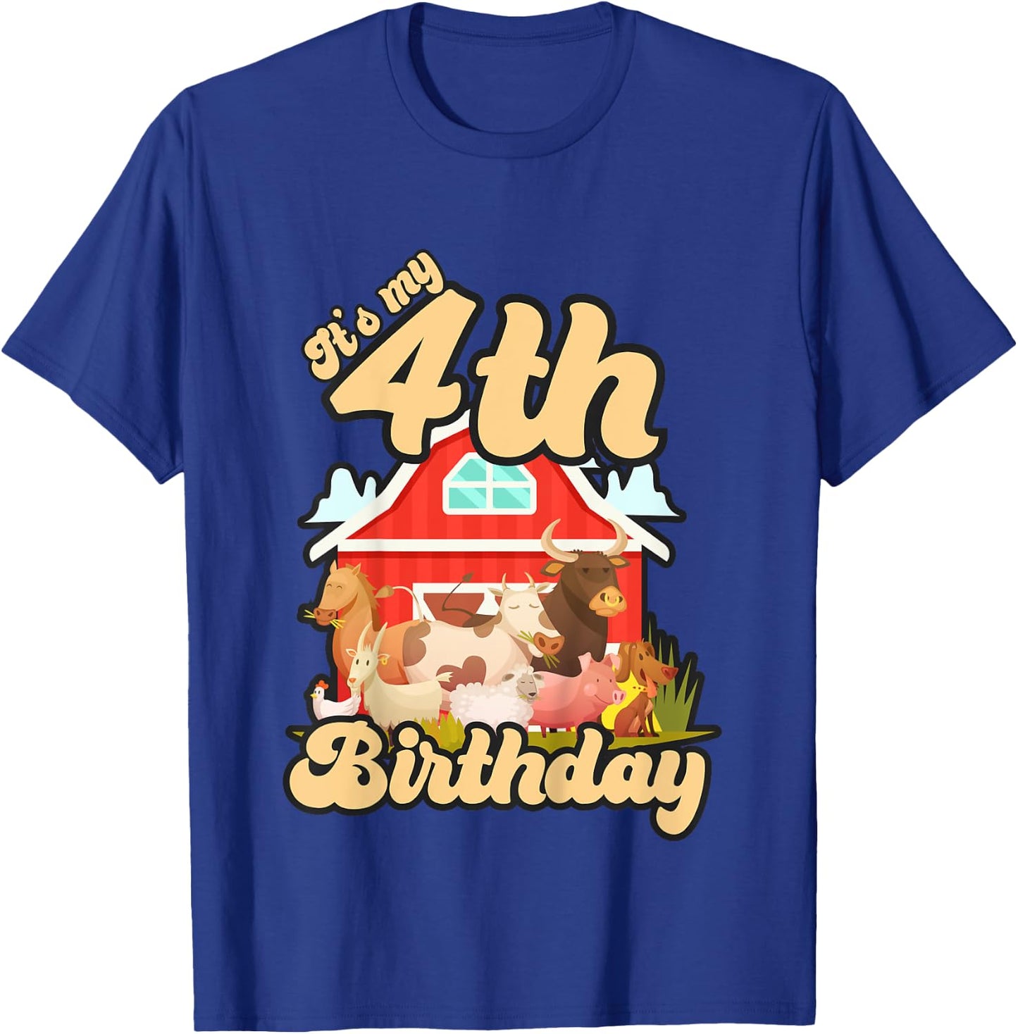 4th Birthday Shirt Farm Animals Cow Horse Pig 4 Years Old T-Shirt - T-Shirt | Royal