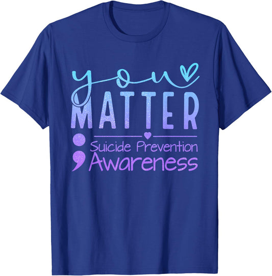 Suicide Prevention Awareness Semicolon Teal & Purple Ribbon T-Shirt - T-Shirt | Royal