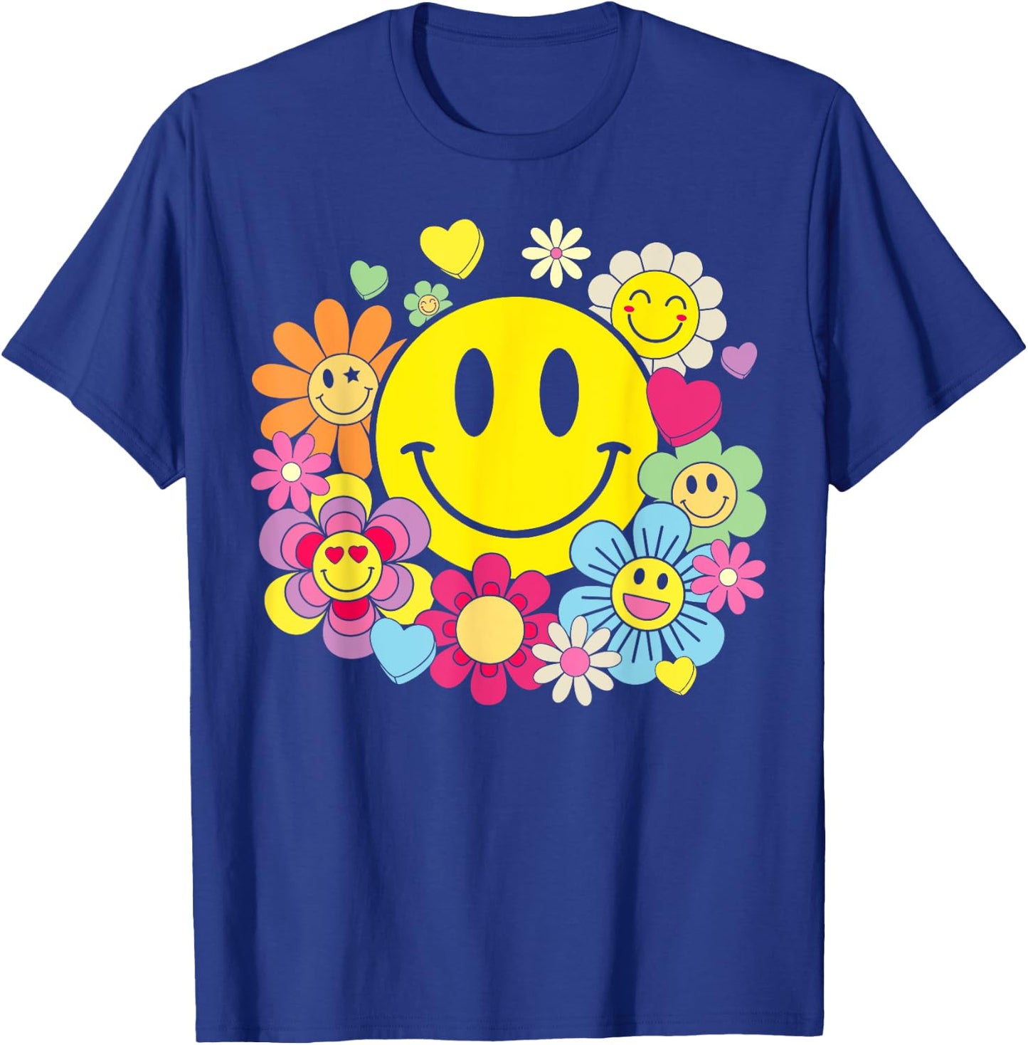 Retro Smile Face Flower Happy Face Flowers Heart Kids Girls T-Shirt - T-Shirt | Royal