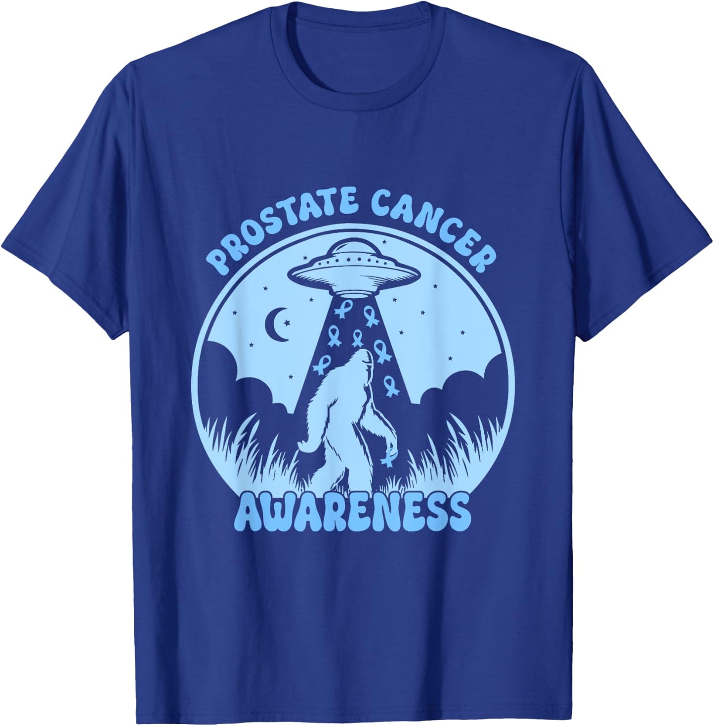 Prostate Cancer Awareness Funny Bigfoot UFO Blue Ribbon T-Shirt - T-Shirt | Royal