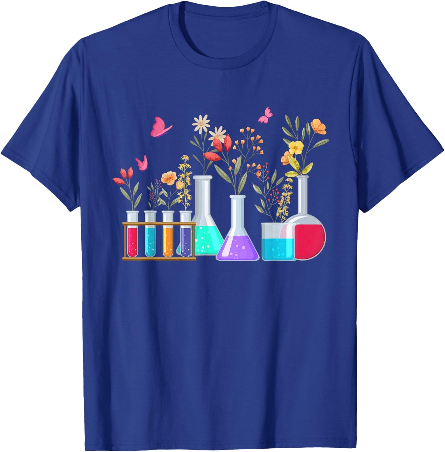 Floral Beakers Laboratory Butterfly Chemistry Science T-Shirt - T-Shirt | Royal