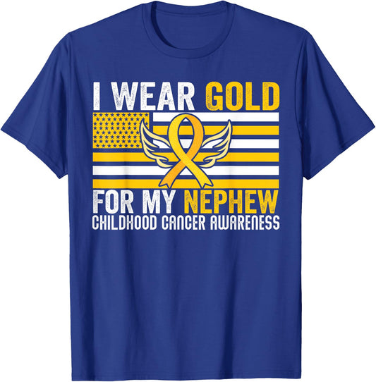 I Wear Gold For My Nephew Childhood Cancer Awareness USA T-Shirt - T-Shirt | Royal
