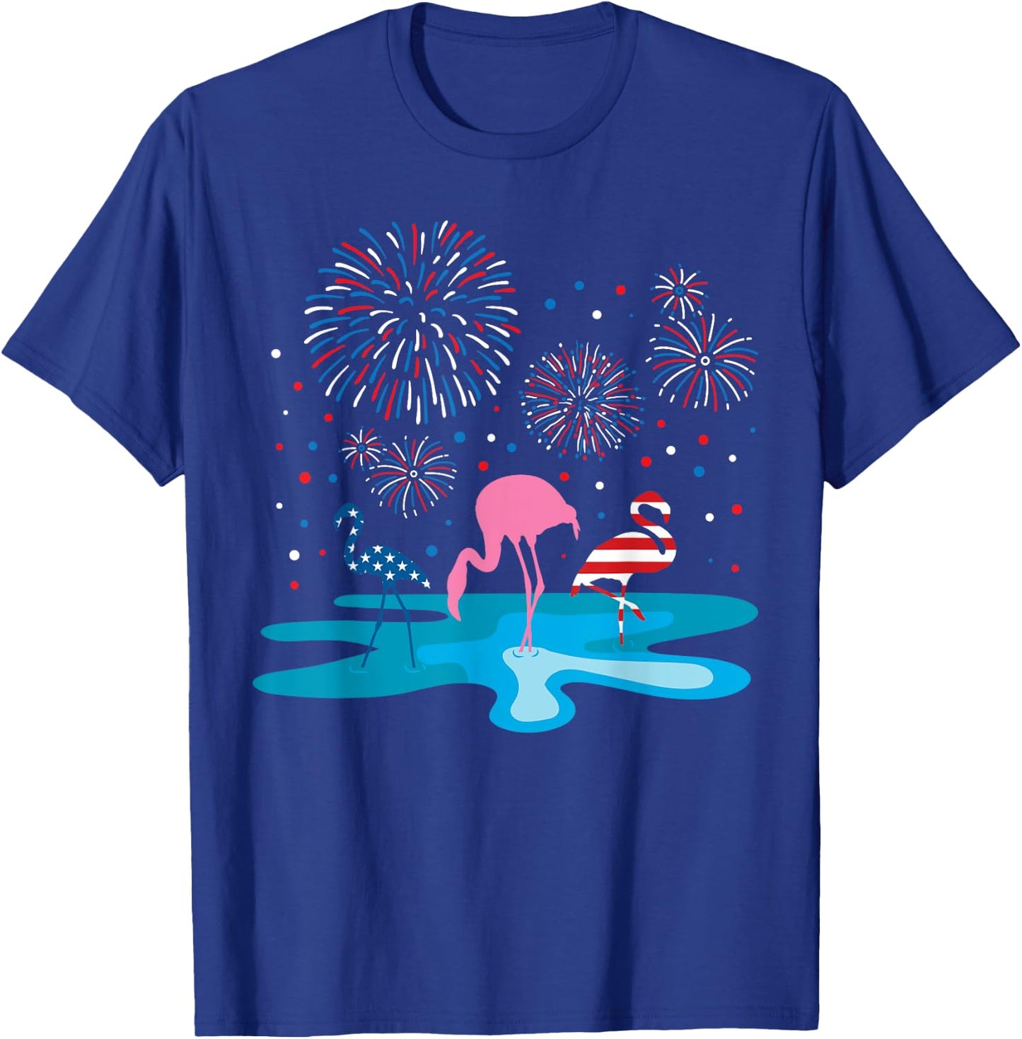 Flamingo 4th of July Fireworks Patriotic American USA Flag T-Shirt - T-Shirt | Royal