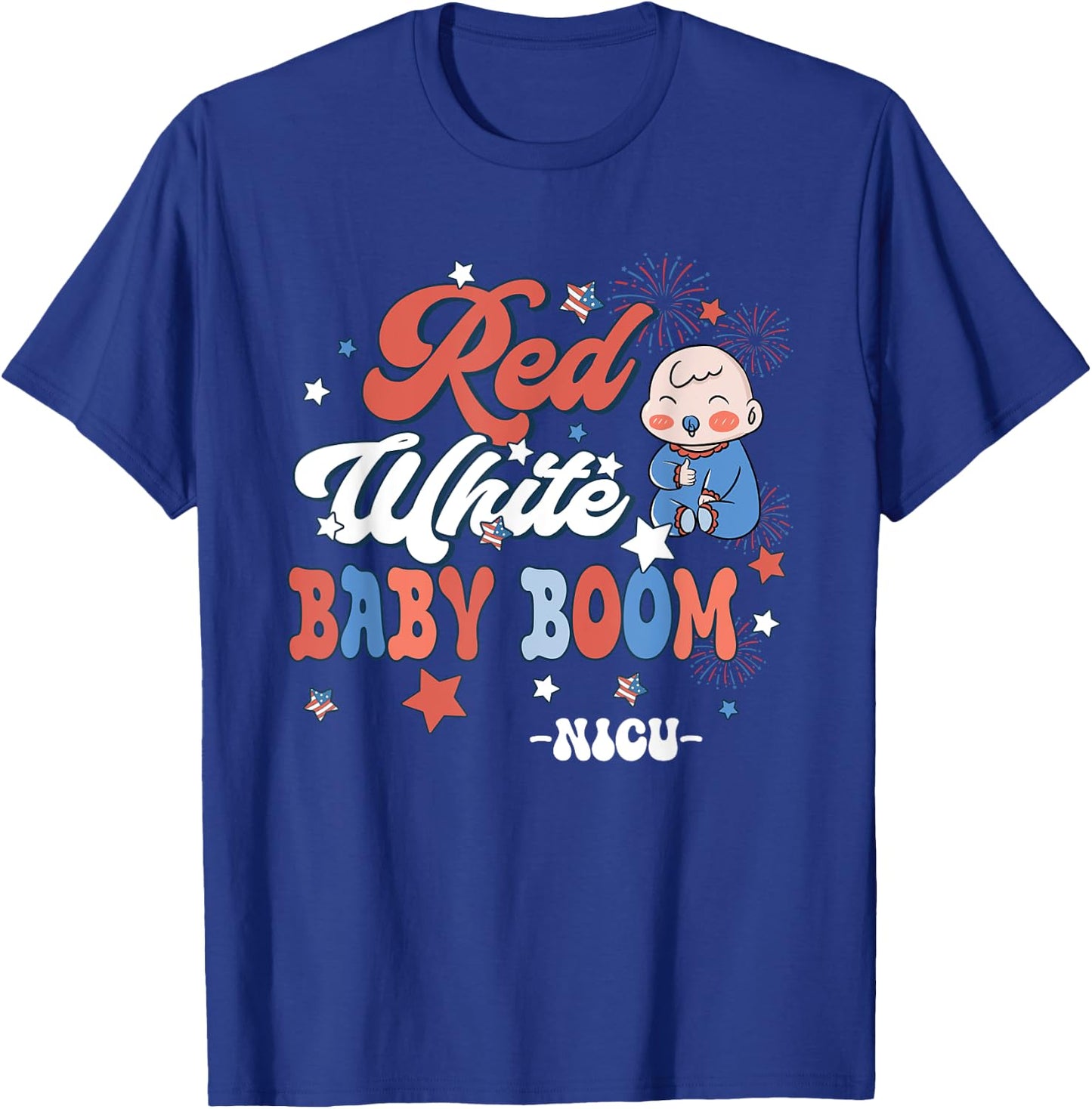 Retro Groovy Red White & Baby Boom NICU Nurse 4th Of July T-Shirt - T-Shirt | Royal