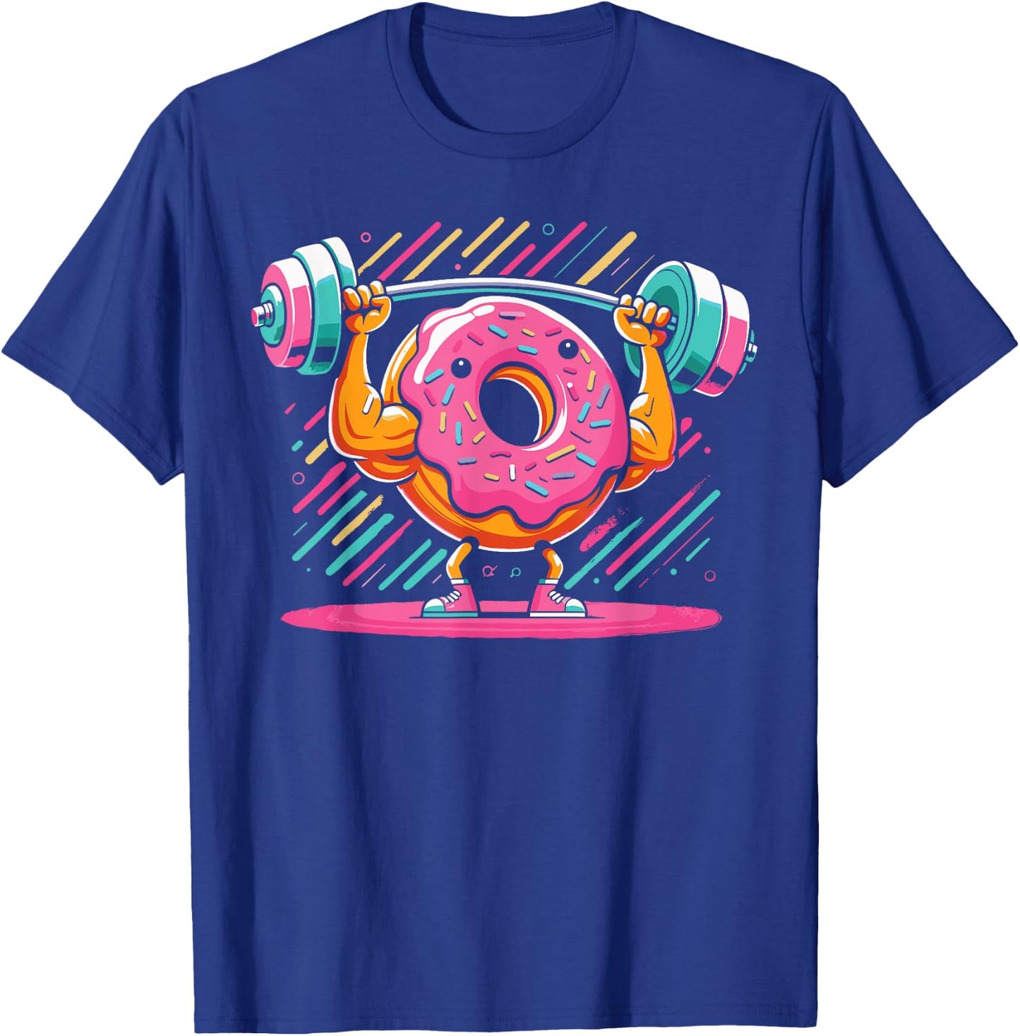 Funny Doughnut Weightlifting | Cartoon Donut Gym Workout T-Shirt - T-Shirt | Royal