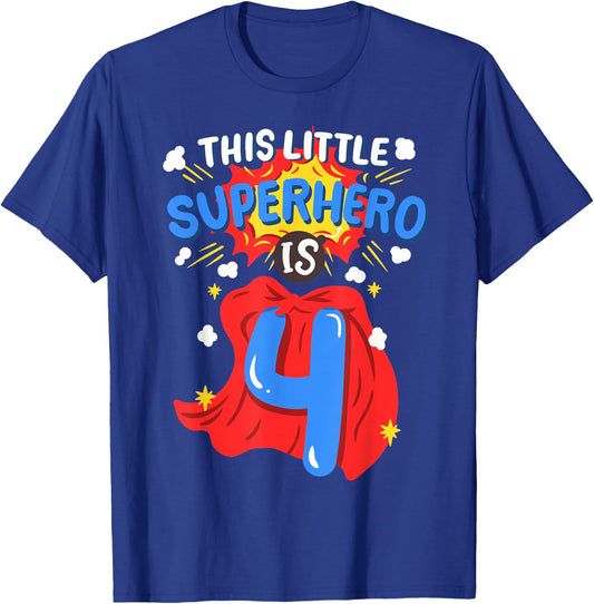This Little Superhero is 4 Kids Boys 4th Birthday Party T-Shirt - T-Shirt | Royal
