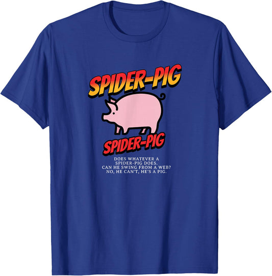 Primotees Spider-Pig Spider Pig - -Adult, Black, Small, Short Sleeve, 100% Cotton, Animal Print, Humor, Unique, Casual, Classic Fit, , Pull On T-Shirt - T-Shirt | Royal