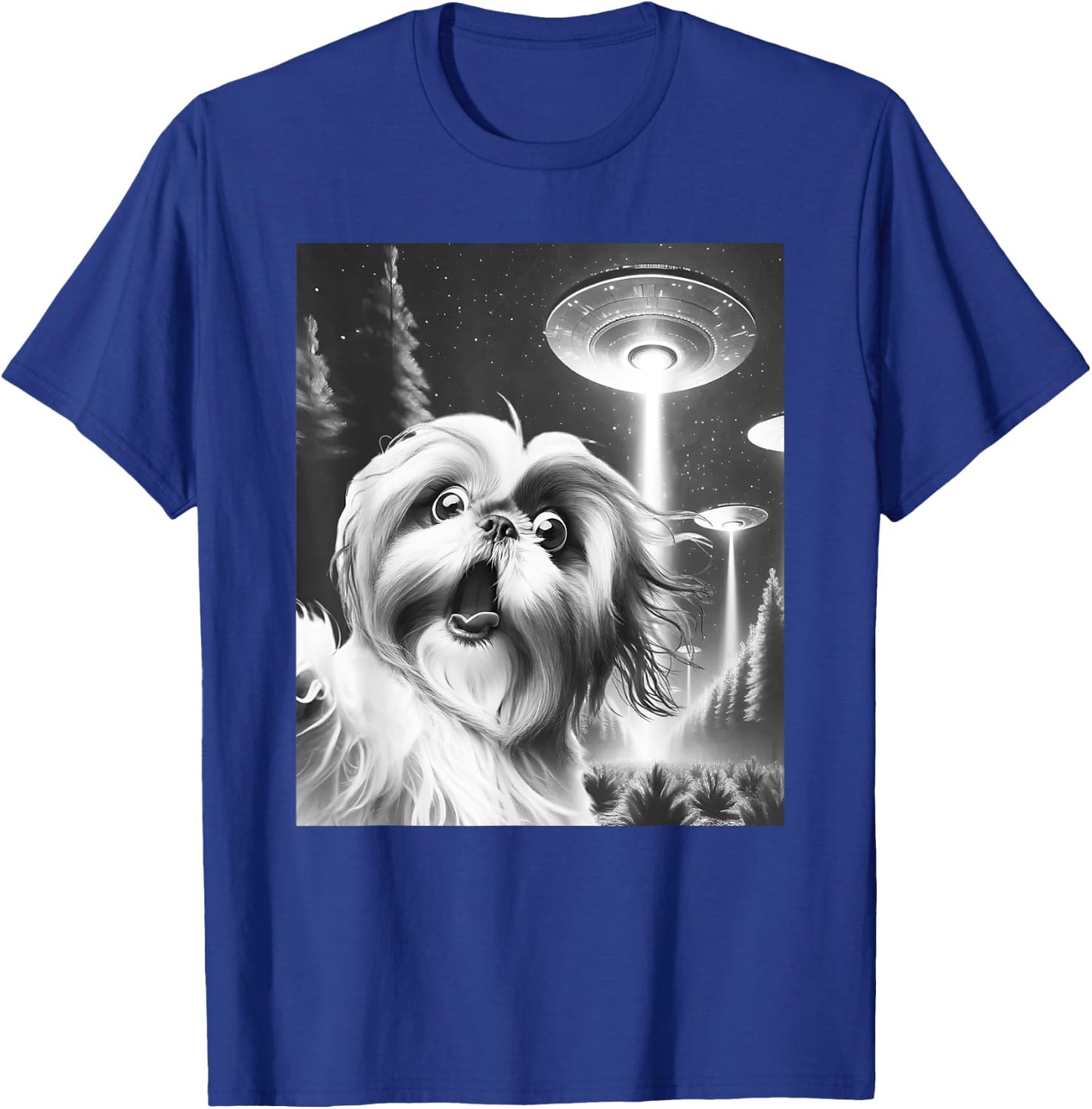 Funny Shih Tzu Alien UFO Taking a Selfie Dog Mom Dad Men Women Girls Kids T-Shirt - T-Shirt | Royal
