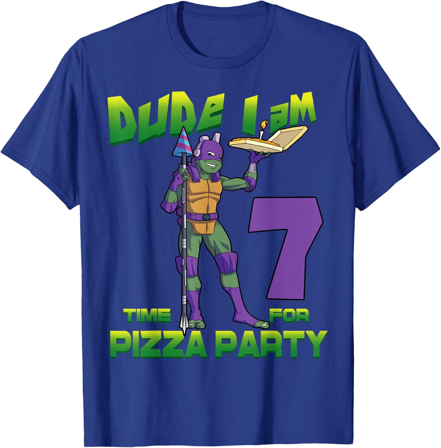 Mademark x Teenage Mutant Ninja Turtles - Dude I am 7 Years Old Donnie Pizza Birthday Party T-Shirt - T-Shirt | Royal
