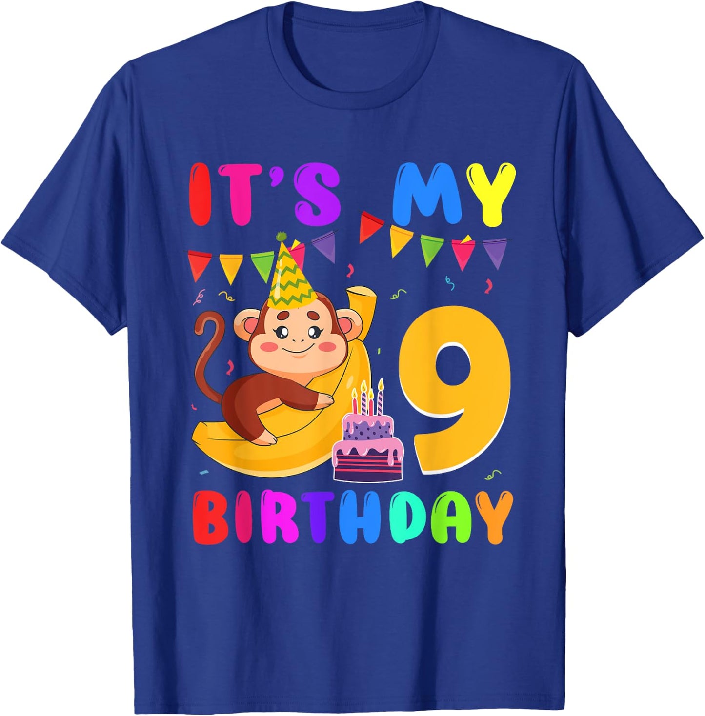 It's My 9th Birthday Monkey 9 Year Old Party Boys Girls Kids T-Shirt - T-Shirt | Royal