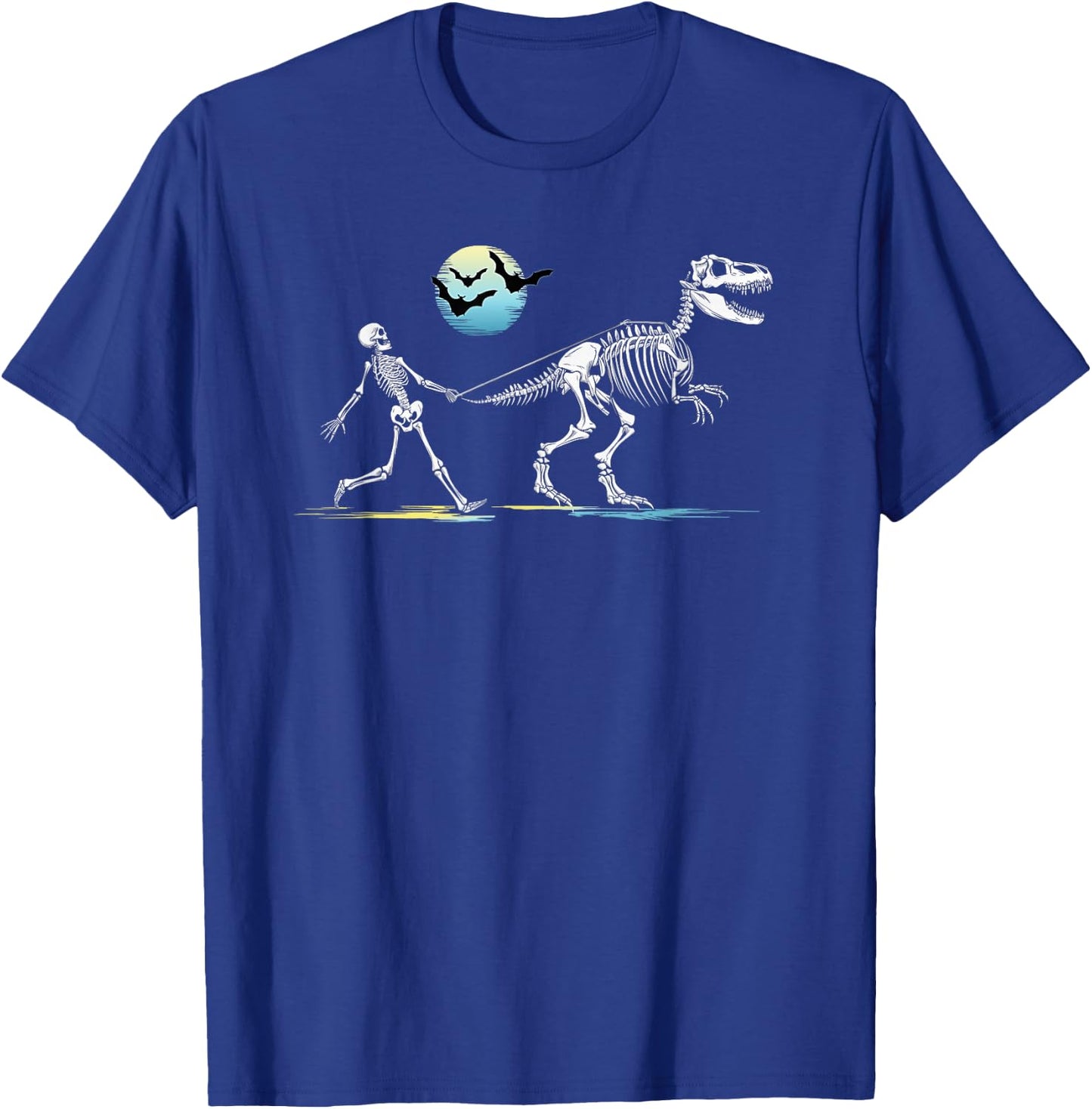 Skeleton Walking a T-Rex Dinosaur Boys Girls Funny Halloween T-Shirt - T-Shirt | Royal