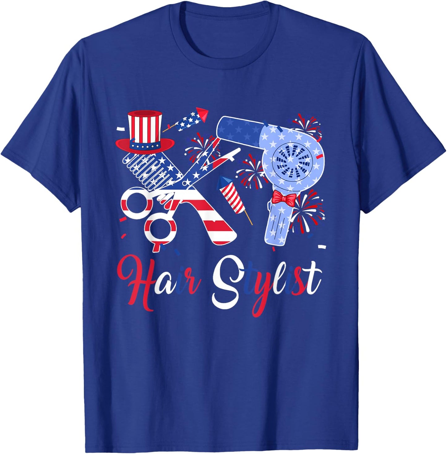 Hair Stylist Costume Tools As American Flag 4th July Women Men T-Shirt - T-Shirt | Royal