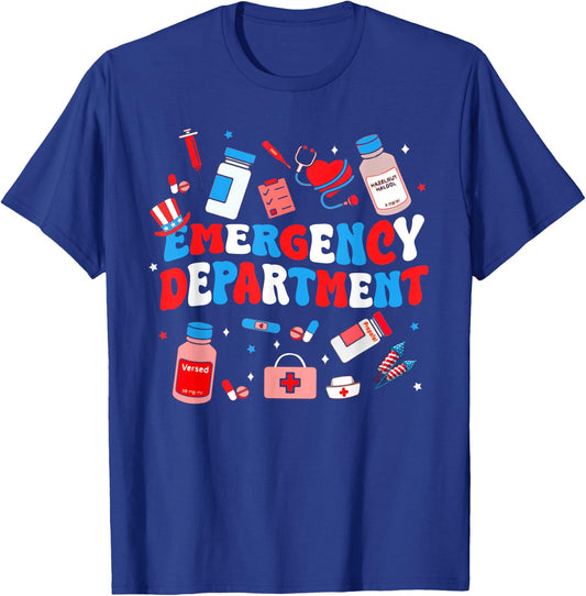Emergency Department ER Nurse USA Flag Patriotic 4th Of July T-Shirt - T-Shirt | Royal