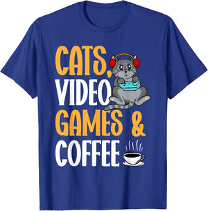 Cats Video Games Coffee Video Gamer Cat Gaming Women T-Shirt - T-Shirt | Royal