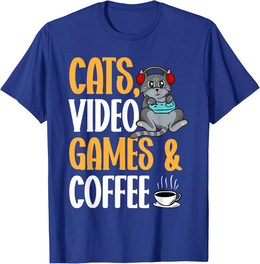 Cats Video Games Coffee Video Gamer Cat Gaming Women T-Shirt - T-Shirt | Royal