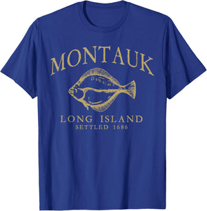 Montauk Long Island Settled 1686 Fluke Flounder Fishing Tan T-Shirt - T-Shirt | Royal